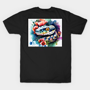 Snake head in the watercolor style  with flowers and vibrant hues. T-Shirt